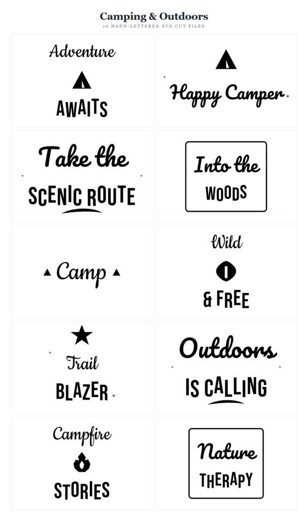 Camping & Outdoors SVG Bundle – 10 hand-lettered SVG cut files for Cricut and Silhouette