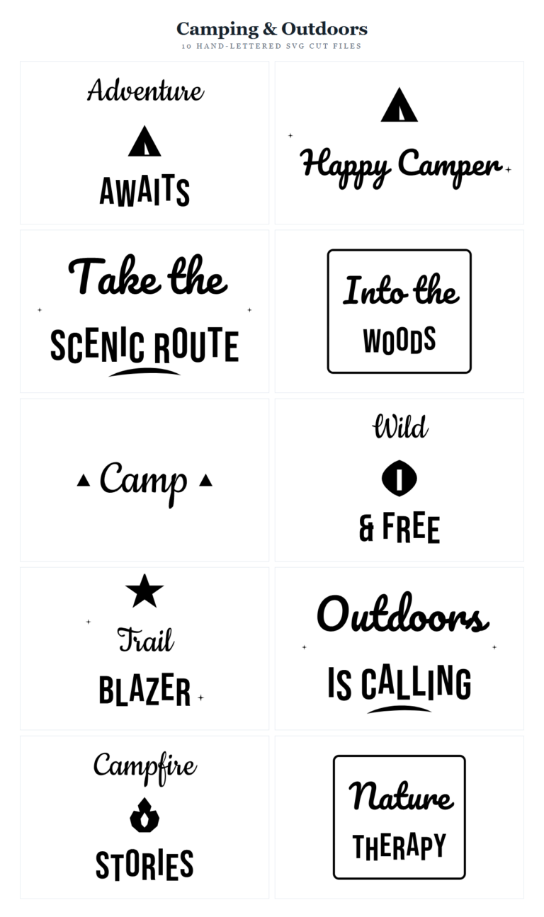 Camping & Outdoors SVG Bundle – 10 hand-lettered SVG cut files for Cricut and Silhouette