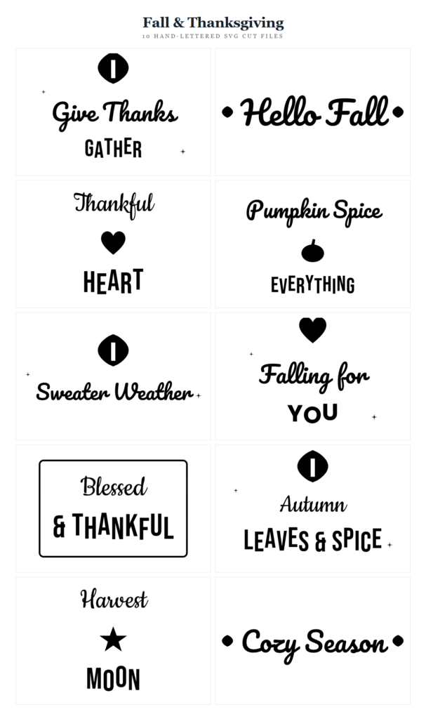 Fall & Thanksgiving SVG Bundle – 10 hand-lettered SVG cut files for Cricut and Silhouette